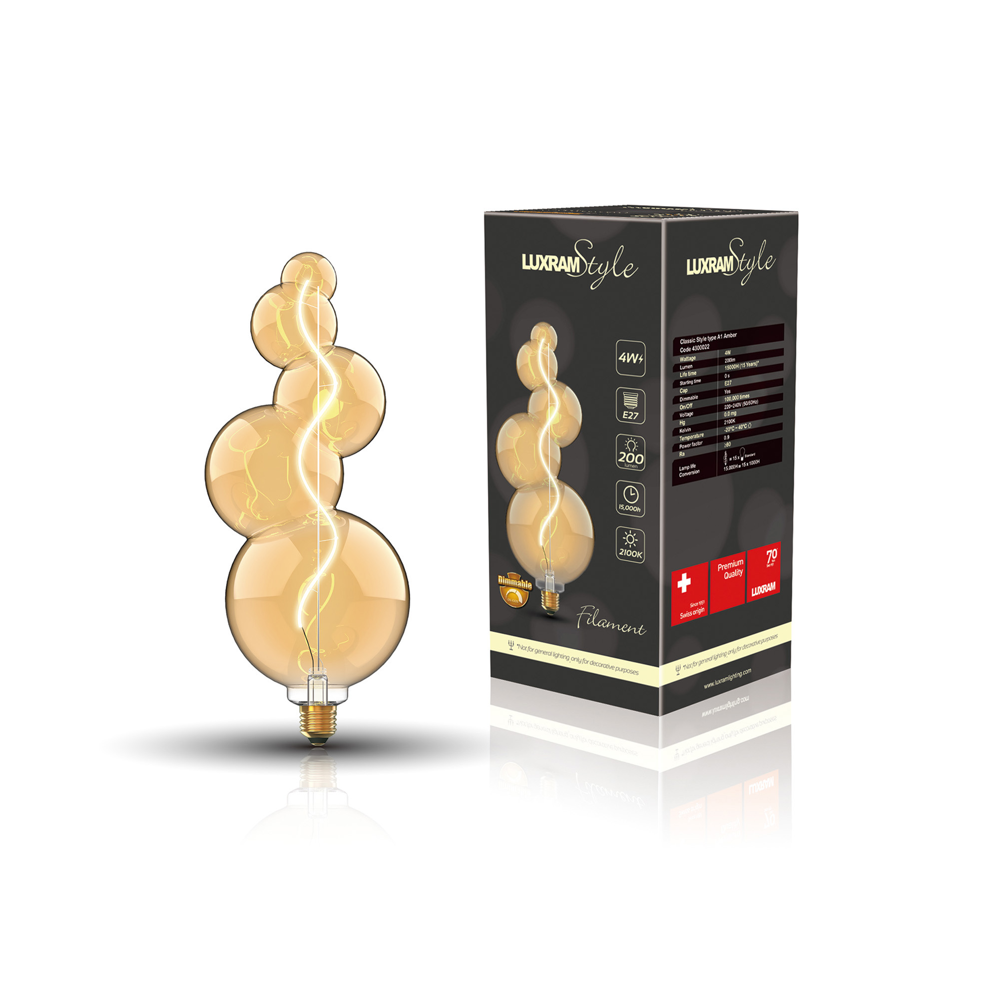 Classic Style LED Type A1 E27 Dimmable 4W 2100K 120lm 4300022  Luxram Classic Style